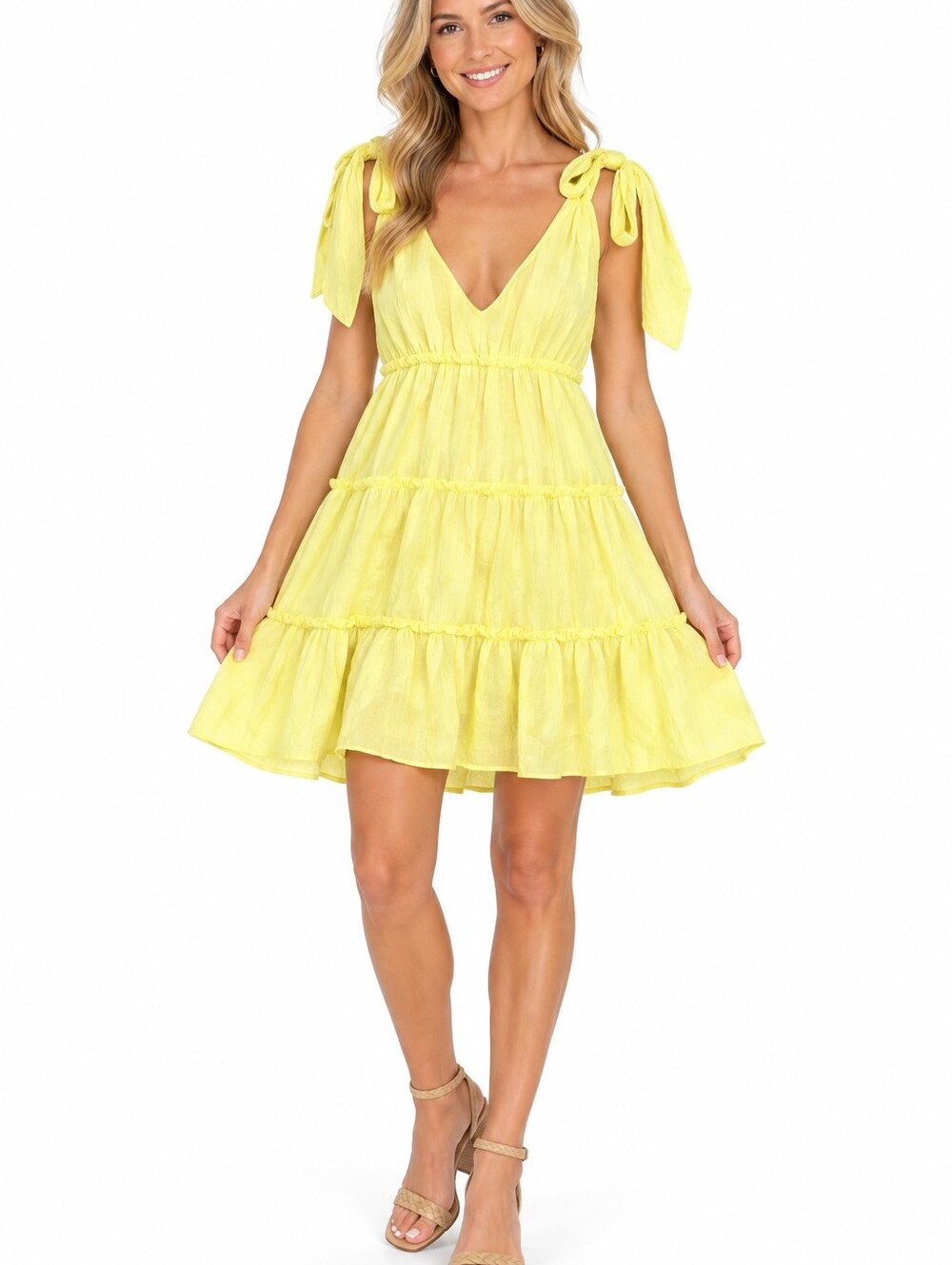Womens Ruffled Mini Dress Size Small Yellow Flowy Cottagecore Neon Resort Wear